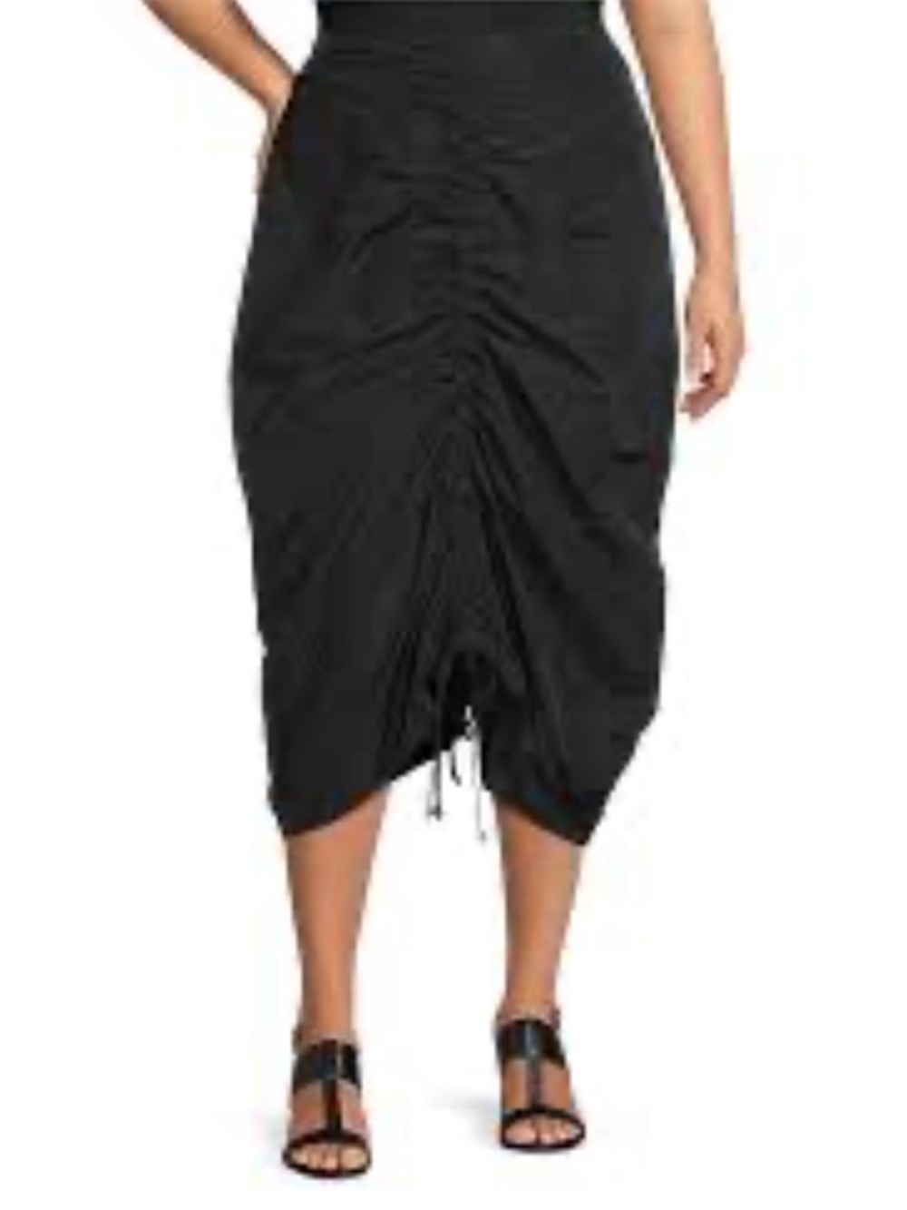 bryn Walker Black Ruched Drawstring Midi Skirt